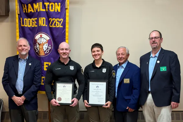 Mercer County Park Rangers Ryan Shaw & Amy Jones receive awards from Hamilton Elks